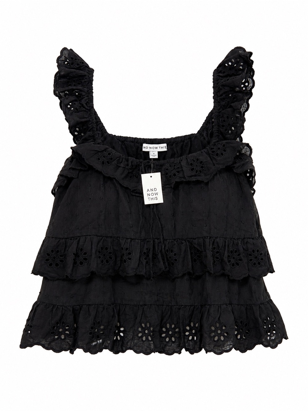 AND NOW THIS Black Eyelet Ruffle Tiered Tank Top XL NWT 100% Cotton